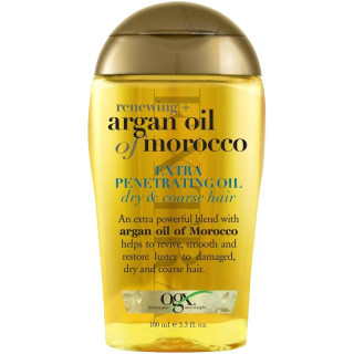 روغن مو او جی ایکس مدل Extra Penetrating Oil حجم 100 میلیلیتر، حاوی روغن آرگان و ویتامینهای A و E، نرمکننده و ترمیمکننده موهای خشک و آسیبدیده، ضد وز و درخشان کننده، تقویت کننده و مغذی، فاقد پارابن